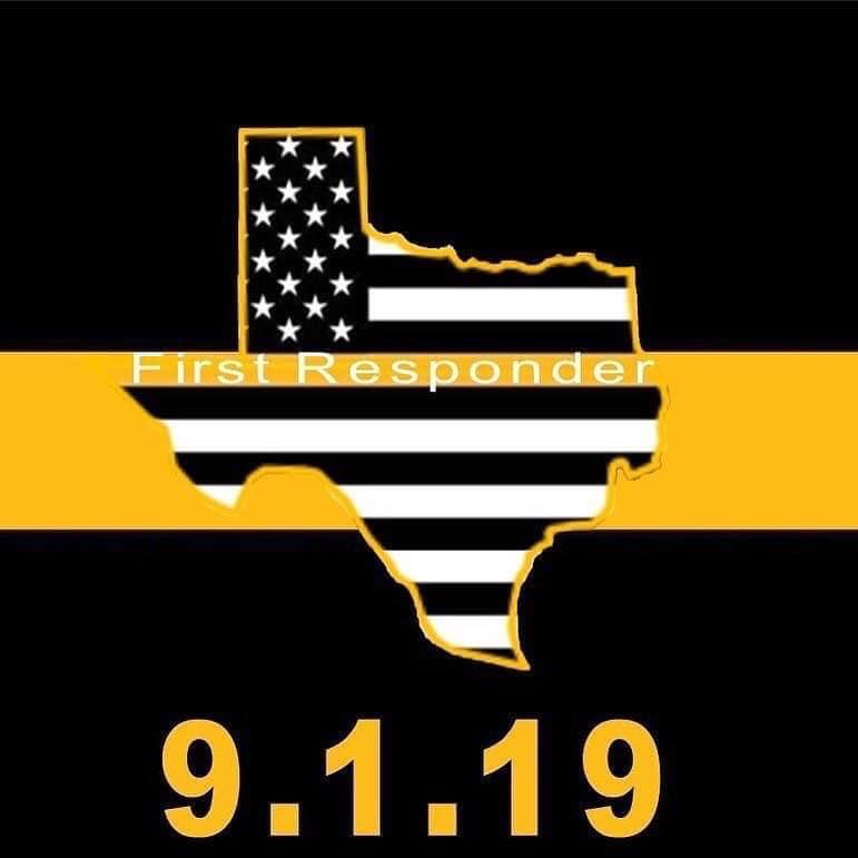 black and yellow design with american flag stripes in the shape of state of texas with the text first responders and 9.1.19