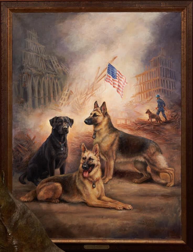 Painting of 2 german shepherd dogs, a black lab and the remains of the twin towers behind them